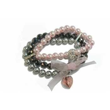 Swarovski Pearl and Crystal Bracelet - 3 Strand (Black, Pink and Grey)